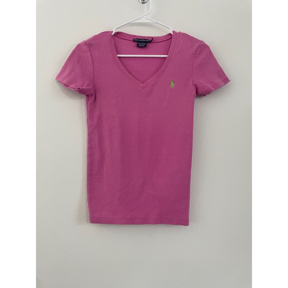 Ralph Lauren Sport T Shirt Women M Pink V Neck Short Sleeve Green Pony Casual